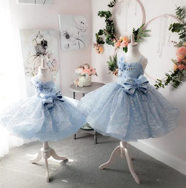 

Cute Blue Flower Girl Dresses for Wedding Spaghetti Glitter Crystal 3D Floral Appliqued Girls Birthday Dress Custom Made