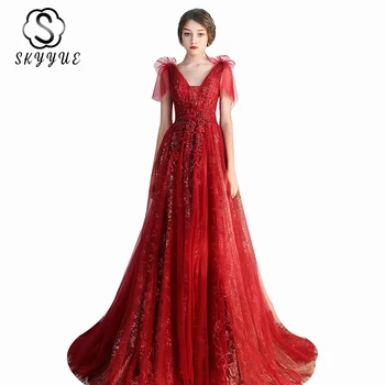 

Evening Dresses Long Skyyue ER497 Sleeveless Embroidery Lace Evening Dresses Train V-neck Robe De Soiree Shining Formal Gowns