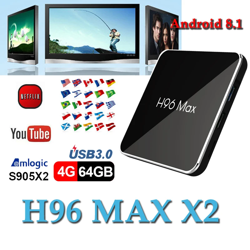 

Amlogic S905X2 android tv set top box H96 MAX X2 boxing 4GB RAM 64GB 1080P H.265 USB3.0 smart tv boxes support youtube netflix