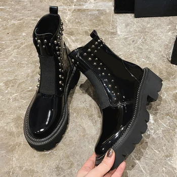 

2020 Autumn New Black Ankle Boots for Women Fashion Cool Rivet Round Toe Short Boots Woman Shoes Waterproof Leather Snow Boots