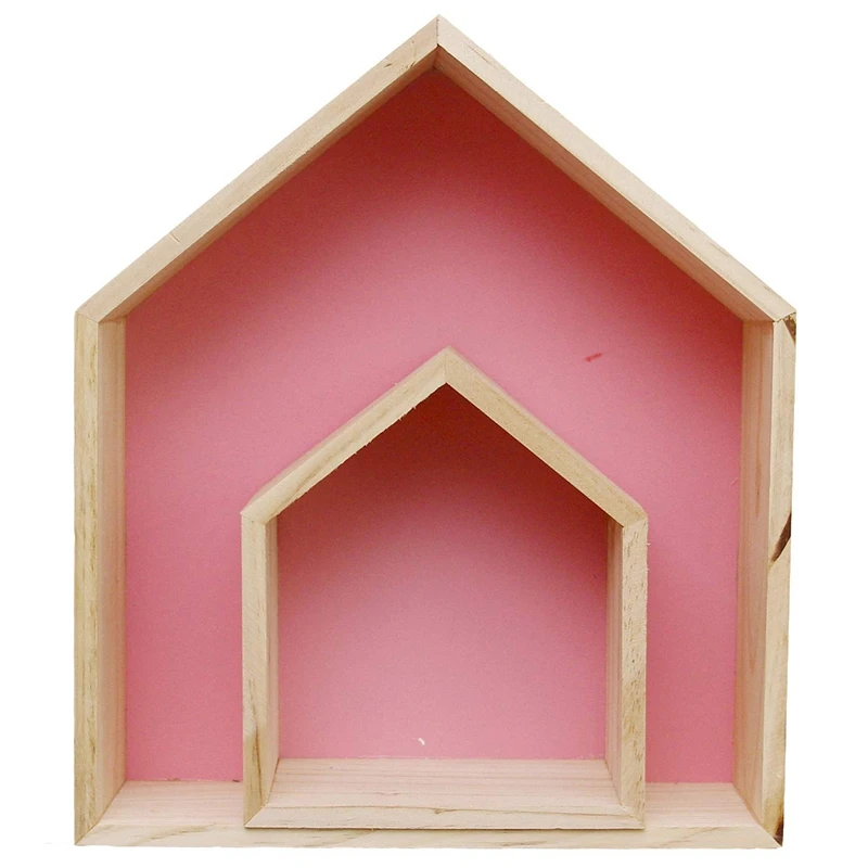 Pink ELEG-2Pcs Прекрасный деревянный дом-образный полка для хранения на стене Детская комната украшения - Цвет: Pink