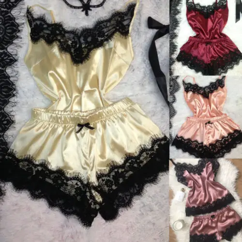 

Women Pajama Sets Satin Lace Cuffs Sleepwear Suits Sexy Lace Patchwork Camis & Elastic Waist Shorts S-XL Sexy Lace Set