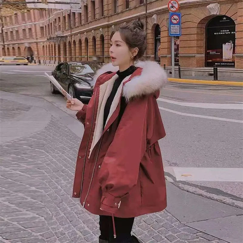Fleece Parker Padded Jacket Women 2022 Winter New Fashion Thick Warm Coat Tooling Cotton-Padded Waist Hooded Padded Outwear