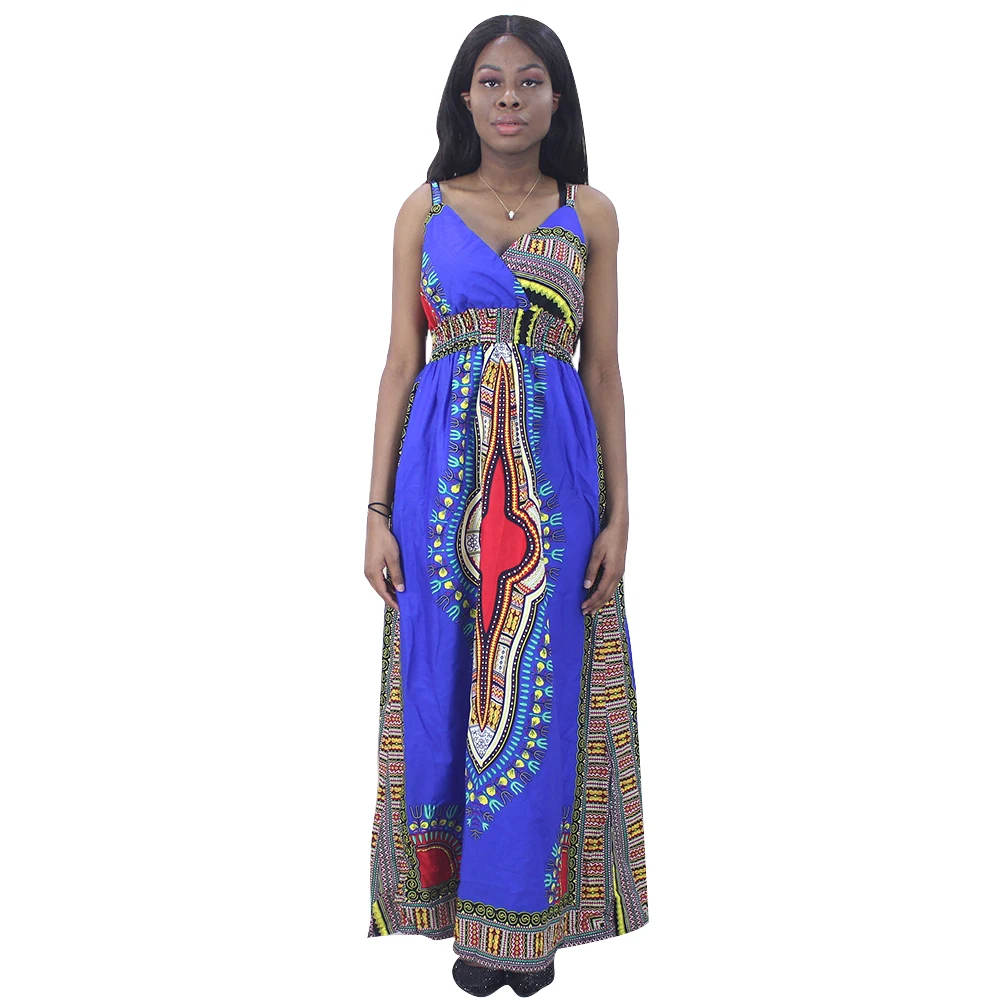 

African dresses for women New Arrival Africa Clothing 100% Cotton African Dashiki Print Blue Sling Long Dress For Ladies