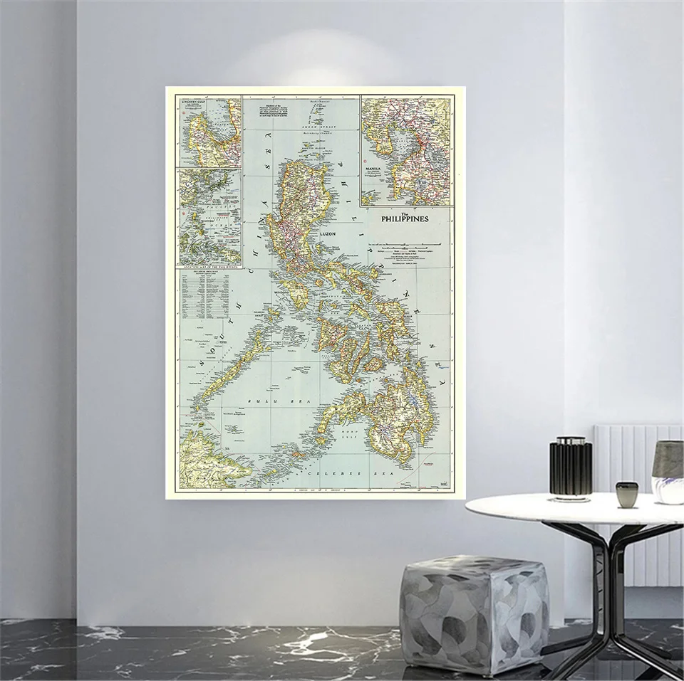 100*150cm 1945 Vintage Map Philippines Detailed Poster Retro Canvas Painting Wall Decor Office Home Decoration School Supplies