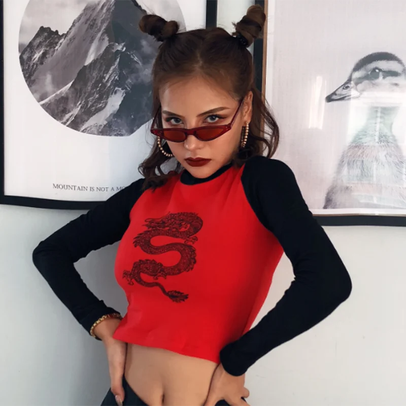 IAMHOTTY Dragon Print китайская женская футболка контрастная Лоскутная мужская майка с длинным рукавом Осенняя уличная Новая женская футболка