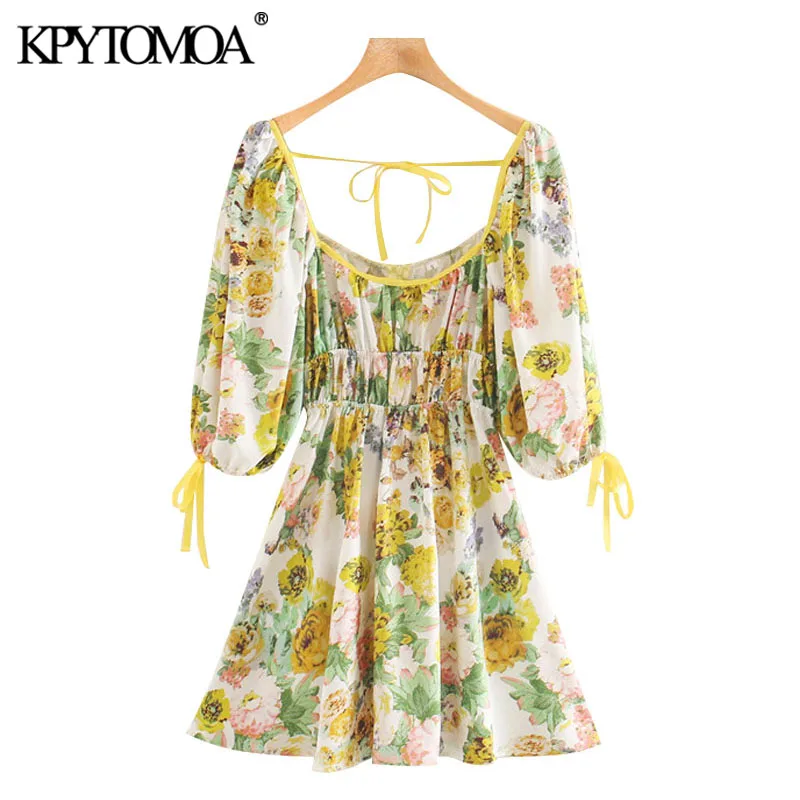 KPYTOMOA Women 2020 Chic Fashion Floral Print Lace-up Pleated Mini Dress Vintage Short Sleeve Back Zipper Female Dresses KPYTOMOA Women 2020 Chic Fashion Floral Print Lace-up Pleated Mini Dress Vintage Short Sleeve Back Zipper Female Dresses