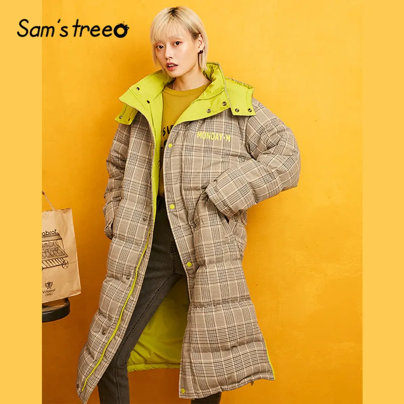 SAM'S TREE/прямые толстовки в клетку с цветными блоками, теплый пуховик для женщин, зимняя однобортная верхняя одежда для офисных леди