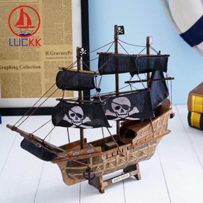 

LUCKK 33CM Mediterrean Style Marine Retro Pirate Ship Model Home Decor Wood Crafts Miniature Nautical SailBoat Figurine Ornament