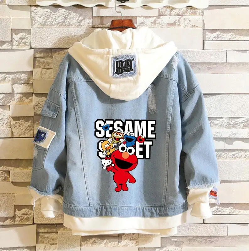 Sesame джинсовая куртка Elmo Косплей Весна Осень Джинсы толстовка с капюшоном для мужчин и женщин костюм Хэллоуин Верхняя одежда Пальто