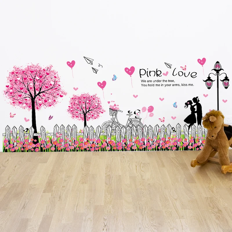 

[shijuekongjian] Pink Trees Flowers Baseboard Sticker DIY Balloons Lovers Wall Decals for Living Room Baby Bedroom Decoration