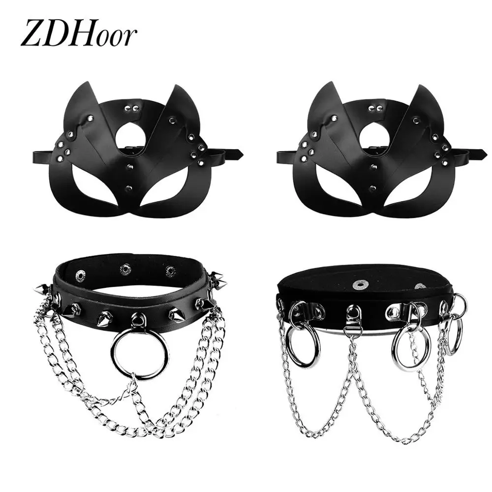 

Mens Halloween Party Costumes Fashion Punk Leather Role Play Outfit Sexy Cosplay Fox Eye Face Mask with Chains Slave Neck Collar