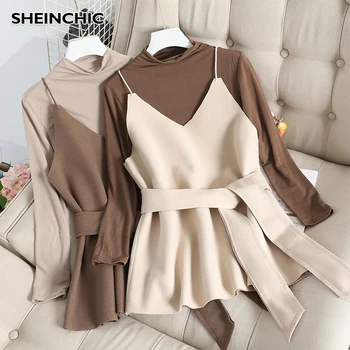 

Autumn 2019 Women 2 Piece Set Vintage Long Sleeve Bottom Shirt Blouse+Vest Designers Female Black/Beige/Blue/Grey Two Piece Set