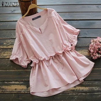 

Elegant Ruflle Tops Women's Summer Blouse 2020 ZANZEA Fashion Patchwork Blusas Female V Neck Short Sleeve Shirts Plus Size Tunic