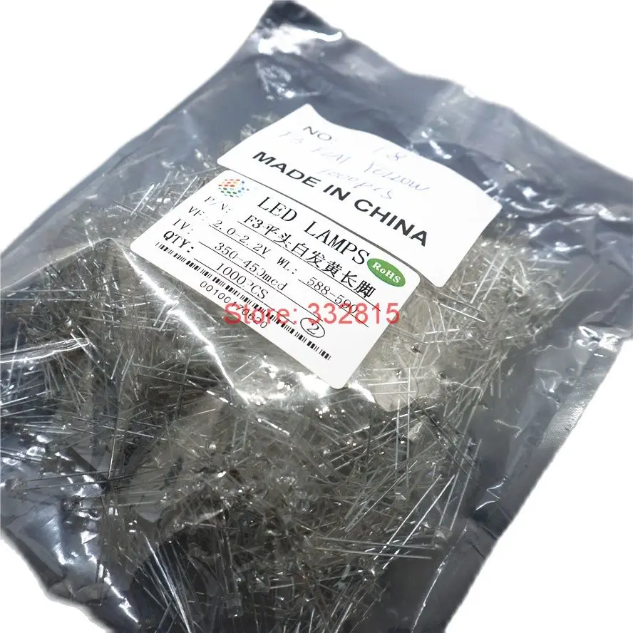 1000PCS F3 YELLOW FLAT TOP LED DIP-2 3MM Water Clear LONG LEGS 2.0-2.2V 588-590NM 350-450MCD light emitting diode LAMP | Лампы и