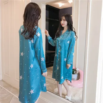 

Spring summer Women Satin Nightgowns Nightshirts Female Loose Silk Sleepshirts Ladies Turn-down Collar Sleepwear With Pocket
