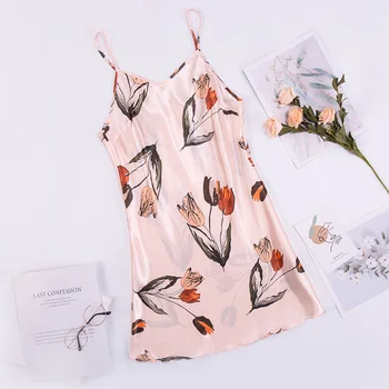 

Pink Floral Nightgown Women Satin Nightdress Summer Suspender Skirt Sleepwear Sleeveless Nightwear Female Silky Sleep Dress