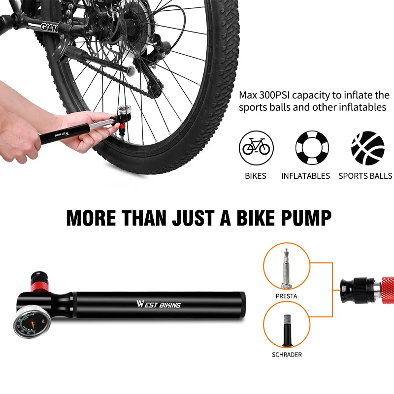 WEST BIKING 300PSI насос высокого давления с манометром портативный ручной для горных и
