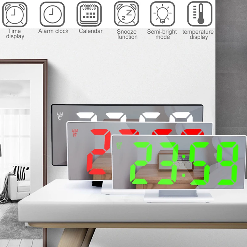 

Bedside Mirror Alarm Clock LED Digital Time Display Snooze Temperature Adjustment Light Battery Operated Makeup Mirror Clock