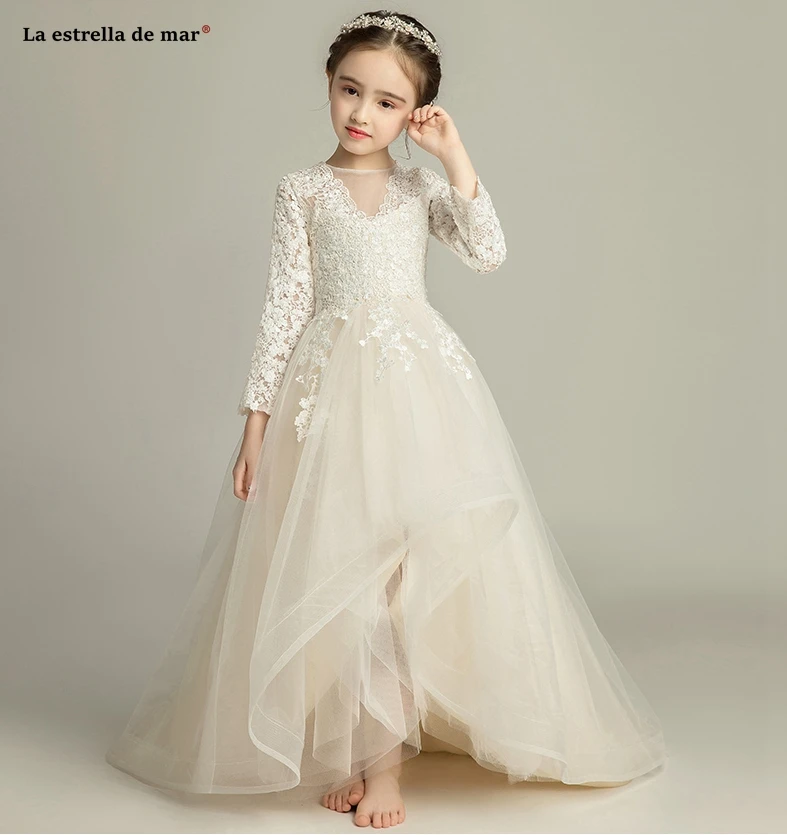 Robe mariage enfant fille/новые кружевные платья трапециевидной формы с длинными рукавами цвета шампанского для девочек со шлейфом, vestidos de comunion sukienki