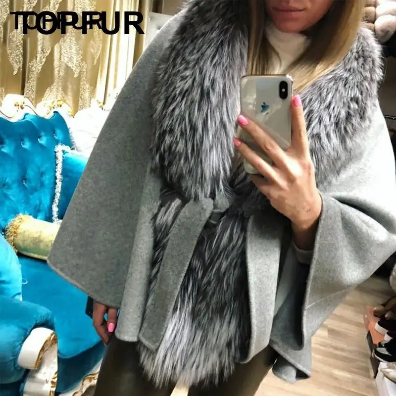 Женское шерстяное пальто с воротником из лисьего меха высшего качества