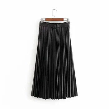 

Women Chic PU Leather Pleated Skirt Bow Tie Sashes Side Zipper Basic Female Casual Stylish Mid Calf Skirts Mujer