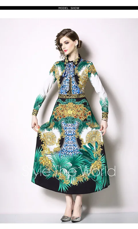 

9127 # New Products 2019 Spring And Summer Fold-down Collar Bow Retro Flower Waist Hugging Big Hemline Floral Printed Dress