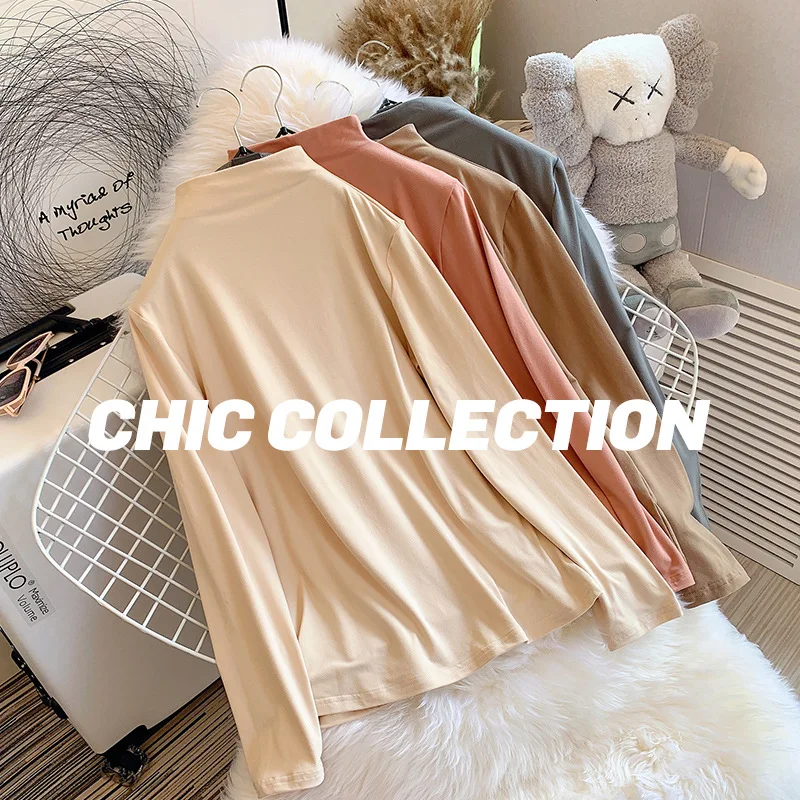 

Korean Autumn Cotton Long Sleeve T-shirt Female Slim Seamless Tshits Solid T Shirt Oversized Ladies Tops Office Lady T Shirts