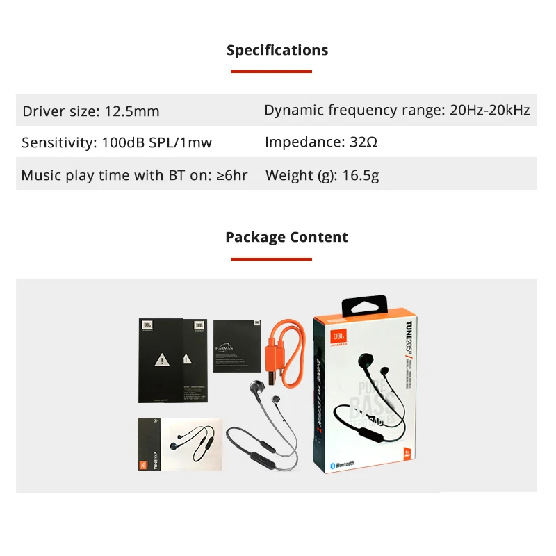 JBL T205BT Wireless Bluetooth Earphone Earbuds Sports Pure Deep Bass Sound Music Headset Hands free calls for Smartphone