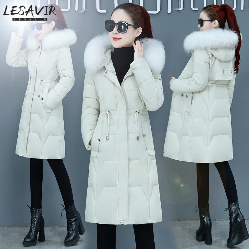 

Large Size Mid-length Down Cotton Jacket Women 2020 Winter New Style Korean Elastic Waist Fur Collar Warm Parka Women