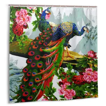 

Glamorous Peacock in Peony Flower On Landscape Painting Shower Curtain Polyester Waterproof 12 Hooks Fabric Modern Bathroom Home