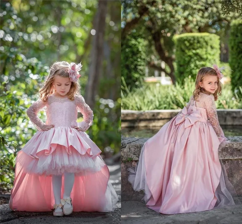 Розовое Бальное Платье принцессы; нарядные платья для девочек; платья с длинными рукавами и аппликацией в виде цветка для девочек; платье с бантом по индивидуальному заказу