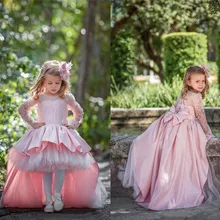 Розовое Бальное Платье принцессы; нарядные платья для девочек; платья с длинными рукавами и аппликацией в виде цветка для девочек; платье с бантом по индивидуальному заказу