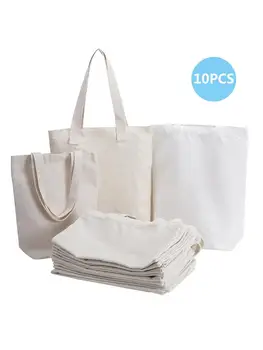 

10 PCs Canvas Tote Bags Cotton Reusable Shopping Bags Foldable Eco Friendly HandbagBiodegradable Multipurpose Grocery Bag
