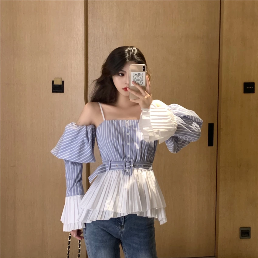 Полосатая блуза со спущенными плечами mujer de moda, корейский стиль, Женские топы и блузки, женская модная брендовая Укороченная рубашка, Новинка осени