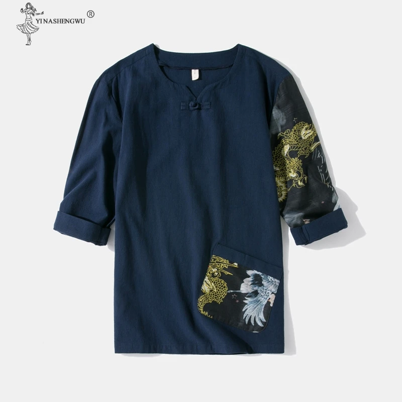 

Japanese Kimonos Five Quarter T-shirt Embroidered Harajuku Yukata Japan Male Linen Men Shirts Trousers Summer New Asian Costume