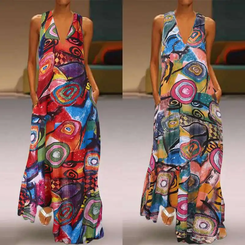 ZANZEA женское винтажное Макси длинное платье с принтом летнее вечернее платье без рукавов с v-образным вырезом повседневное женское платье танки Vestido Сарафаны