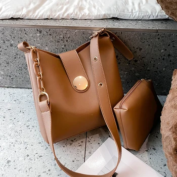 

2 Pcs/Set Solid Color Pu Leather Bucket Bags For Women 2021 Fashion Small Chain Crossbody Bag Female Shoulder Bag Handbags