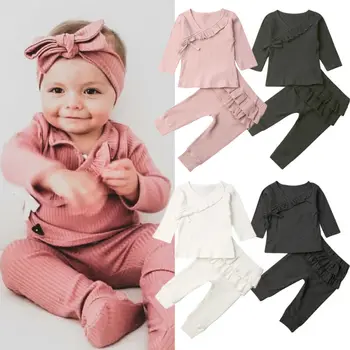 

0-18M Newborn Baby Boy Girl Long Sleeve Solid Color Cotton T-shirt Tops Ruffles Long Pant Trouser 2PCS Outfits Autumn Clothes