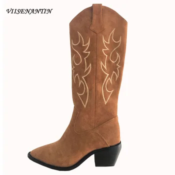 

Western Cowboy Boots Women's Autumn Winter New Wild Thick Heel Sleeve Mid-tube Embroidery Boots Knee-length Fashion Knight Boots