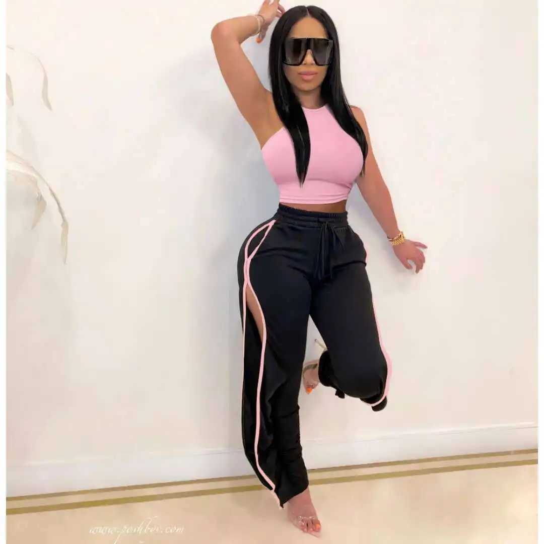 Women 2 Piece Pants Sets 2021 Solid Crop Tank Tops And Side Split Sweatpants Outfits Woman Two Pieces Sets Tracksuits Female womens black suit set