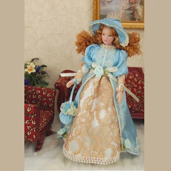 

Girl Toy Dolls Room Miniature Ornaments Dolls Lady in Dress Hat Stand Pretend Play Classic Dolls