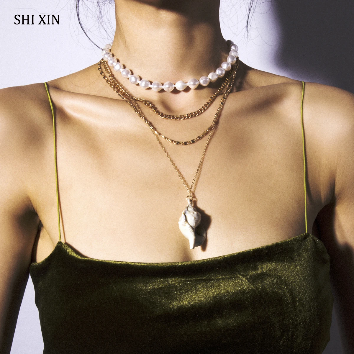 

SHIXIN Big Conch Shell Pendant Necklace for Women Simulated Pearl Beads Choker Necklace Long Multi Layer Chain Necklaces Fashion