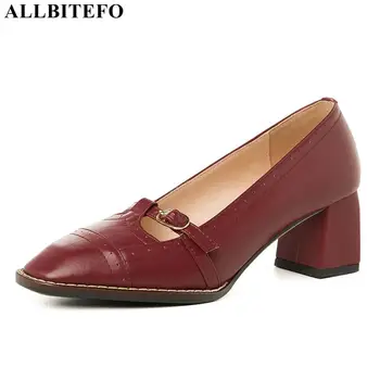 

ALLBITEFO full genuine leather thick heel party women shoes high quality women high heel shoes office ladies shoes women heels