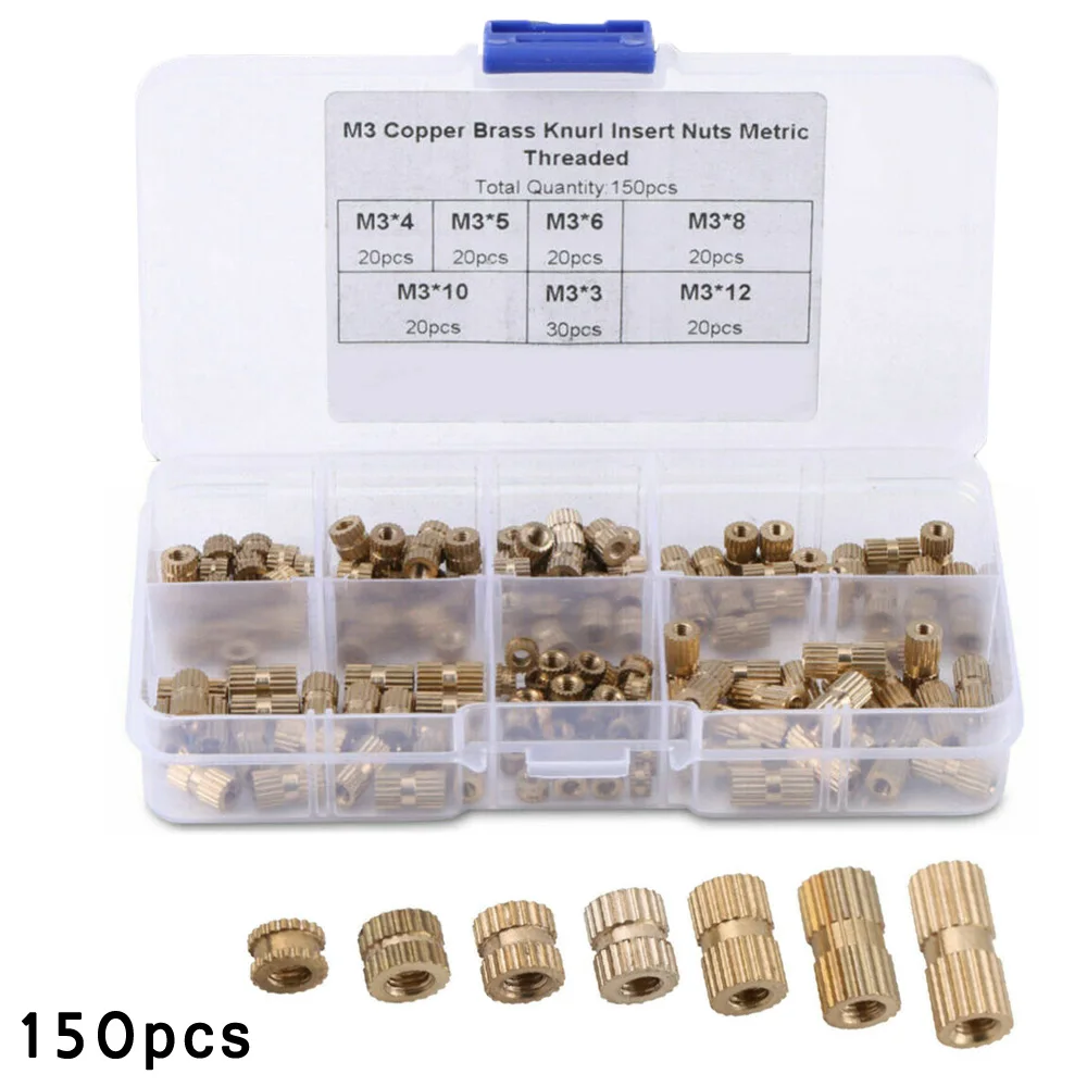 Insert Nut 150pcs M3 Never Rust Good Corrosion Resistance Brass Knurl Insert Nuts Threaded Assortment Set Kit with Plastic Box for Machinery Industry