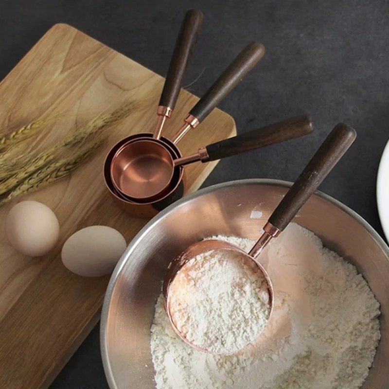 4/8Pcs Stainless Steel Rose Gold Measuring Cups And Spoon Scoop Set Wooden Handle Kitchen Tool For BakingW | Дом и сад