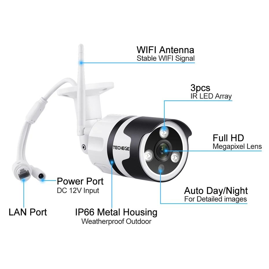 Techege Wi-Fi IP камера 1080P наружная Водонепроницаемая 2.0MP Проводная беспроводная камера безопасности металлическая двухсторонняя аудио TF карта оповещение по электронной почте