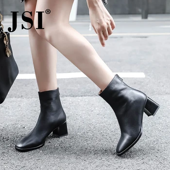 

JSI Botas Mujer Fashion Ankle Women Boots Winter Square Heel Zapatos De Mujer Genuine Leather Round Toe High Heel Boots JO268