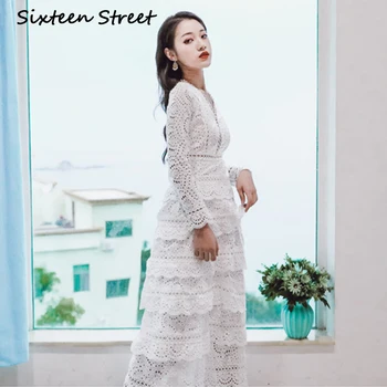 

White Solid Lace Maxi Dress Woman 2020 New Arrive V-neck Hollow Out Runway Design Full-sleeve Long Dress Night Party Female