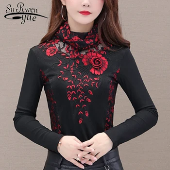 

Women's Fashion Lace Blouses Hollow Out Lady Elegant Slim Long Sleeve Red Blouse Tops Turtleneck Flowers Blouses 7177 50